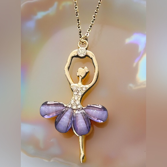 Ballerina Pendant Necklace – Gold Tone Crystal Ballet Dancer – Amethyst Dream - Picture 6 of 10